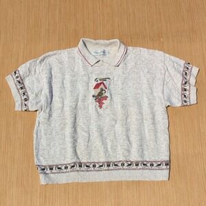 Vintage Classic Blues Top Knit Polo Birds Birdhouse‎ Embroidered Women's Large
